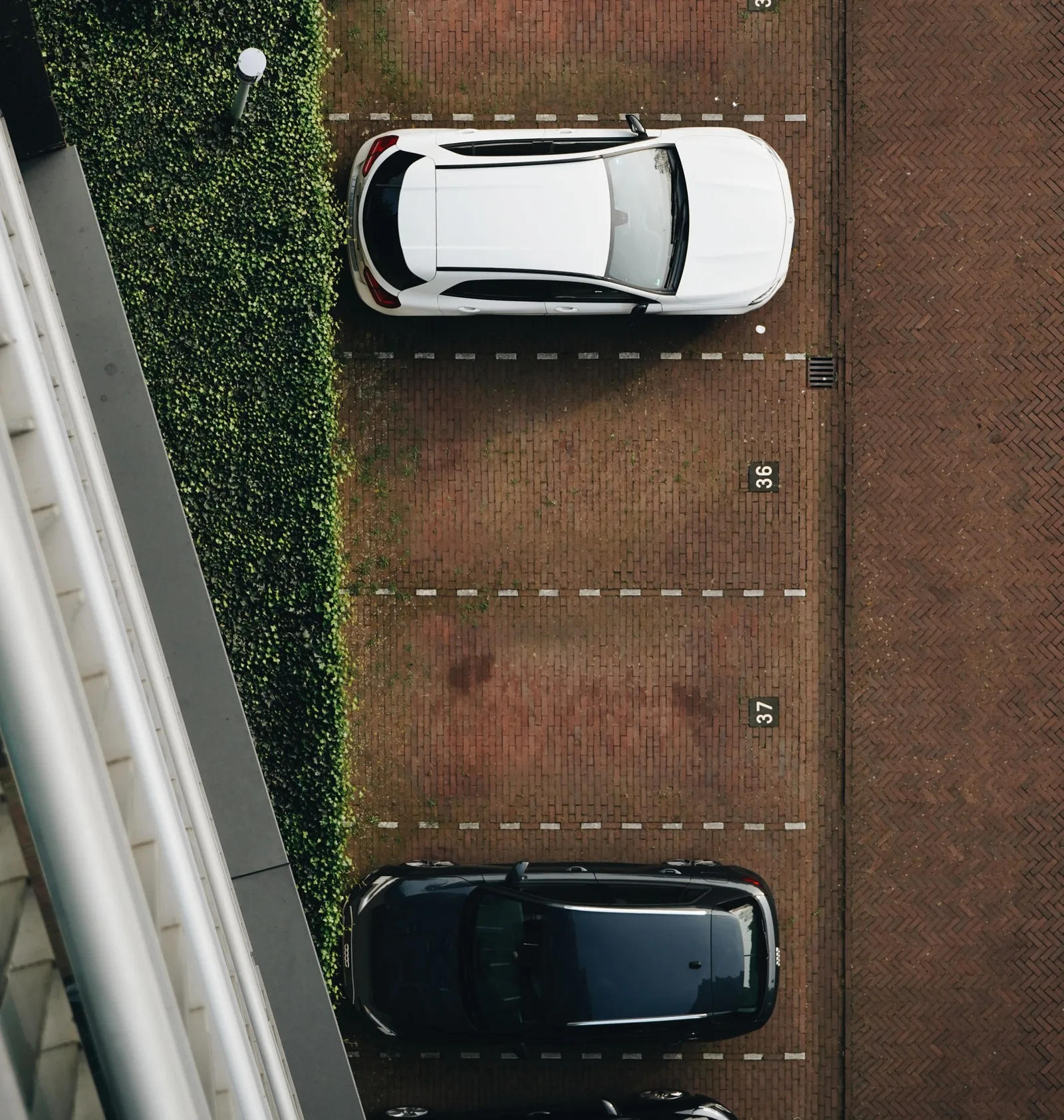 Cars parked in rows in an open car park, seen from above